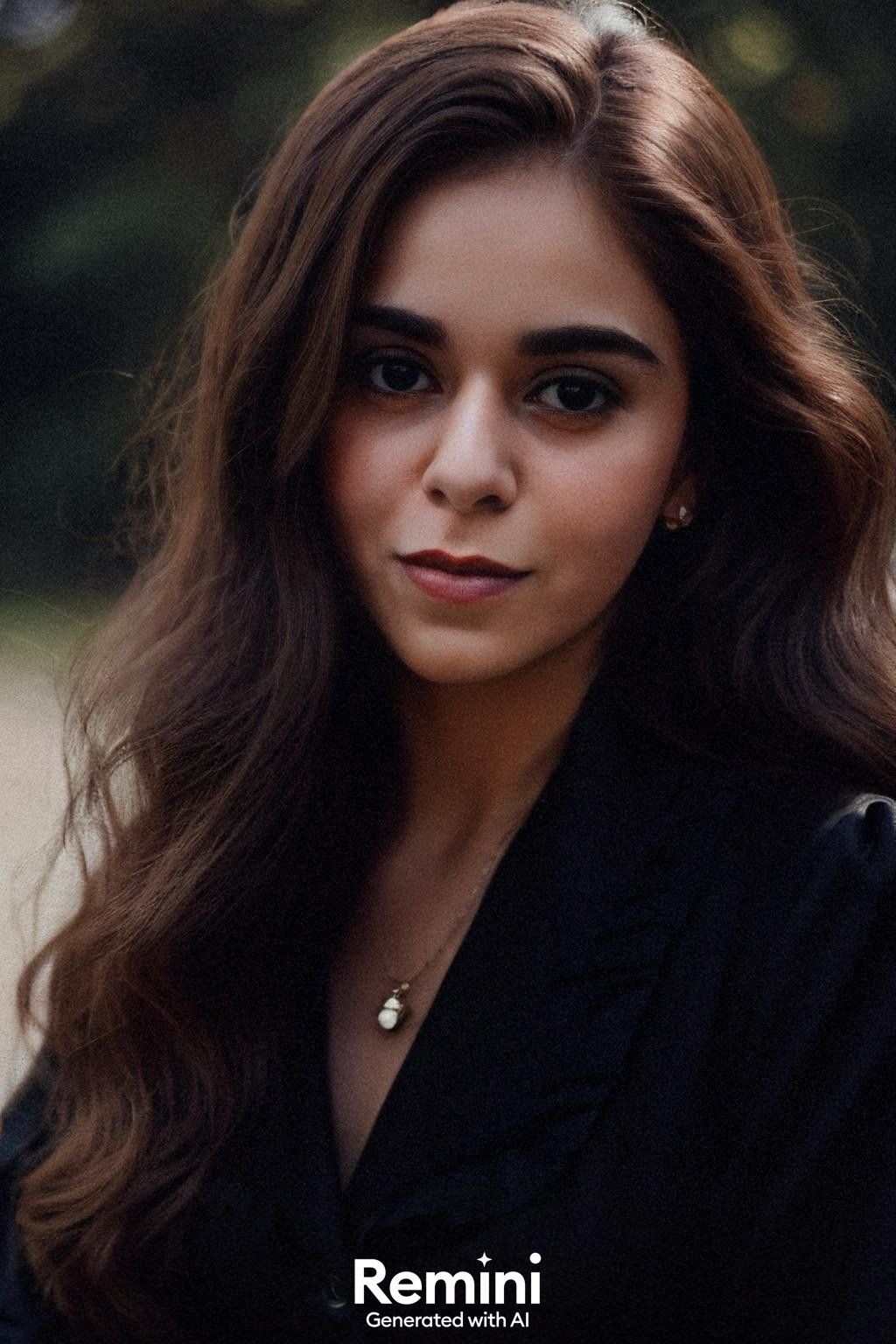 Woman with long wavy brown hair wearing a black top and a necklace, standing outdoors.