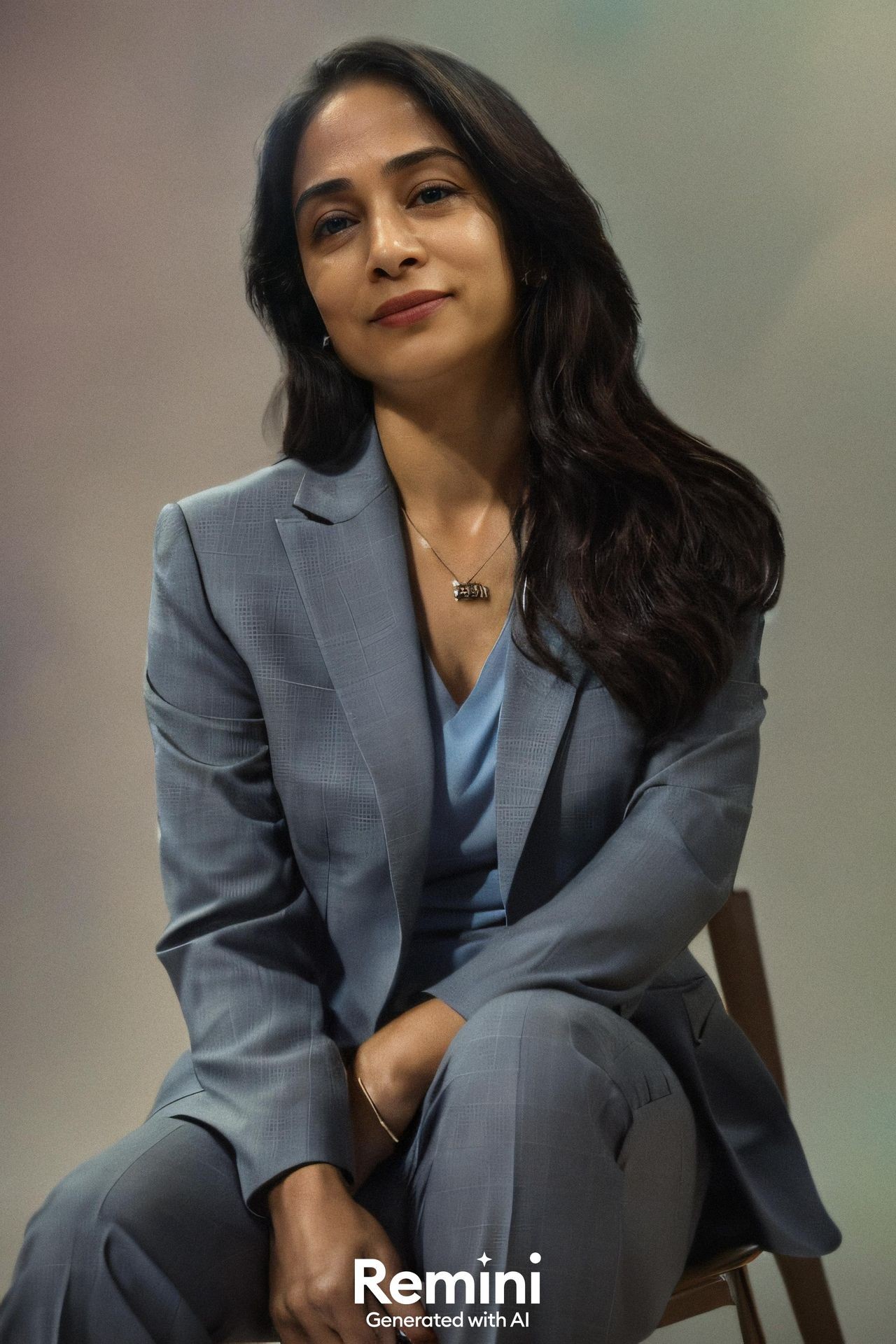 Woman in a grey suit sitting on a chair, looking at the camera with a slight smile.